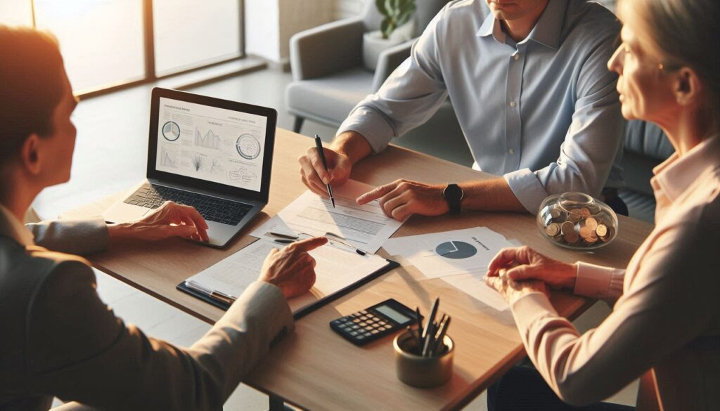 מתכנן פיננסי בפגישת תכנון פנסיה ותכנון פרישה עם זוג לקראת גיל פרישה בישראל